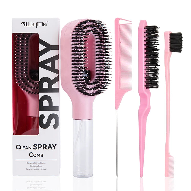 4-Piece 2-in-1 Detangling & Hydration Styling Set:Massage Comb Curved Rat Tail Comb Edge Control Brush - Perfect for Salon