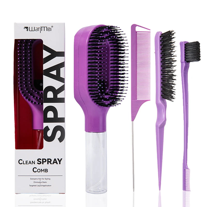 4-Piece 2-in-1 Detangling & Hydration Styling Set:Massage Comb Curved Rat Tail Comb Edge Control Brush - Perfect for Salon