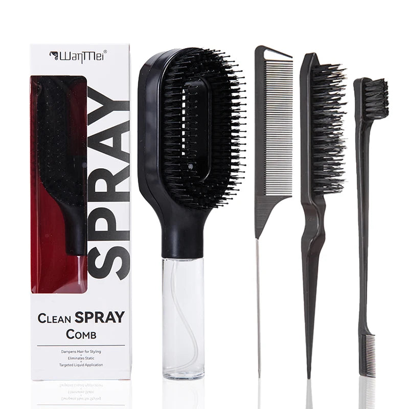 4-Piece 2-in-1 Detangling & Hydration Styling Set:Massage Comb Curved Rat Tail Comb Edge Control Brush - Perfect for Salon