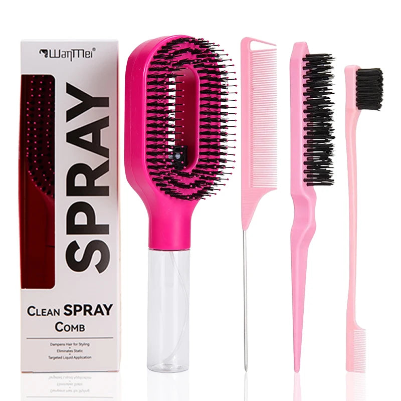 4-Piece 2-in-1 Detangling & Hydration Styling Set:Massage Comb Curved Rat Tail Comb Edge Control Brush - Perfect for Salon