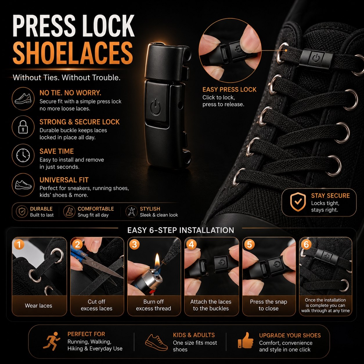 Press Lock Shoelaces Without Ties